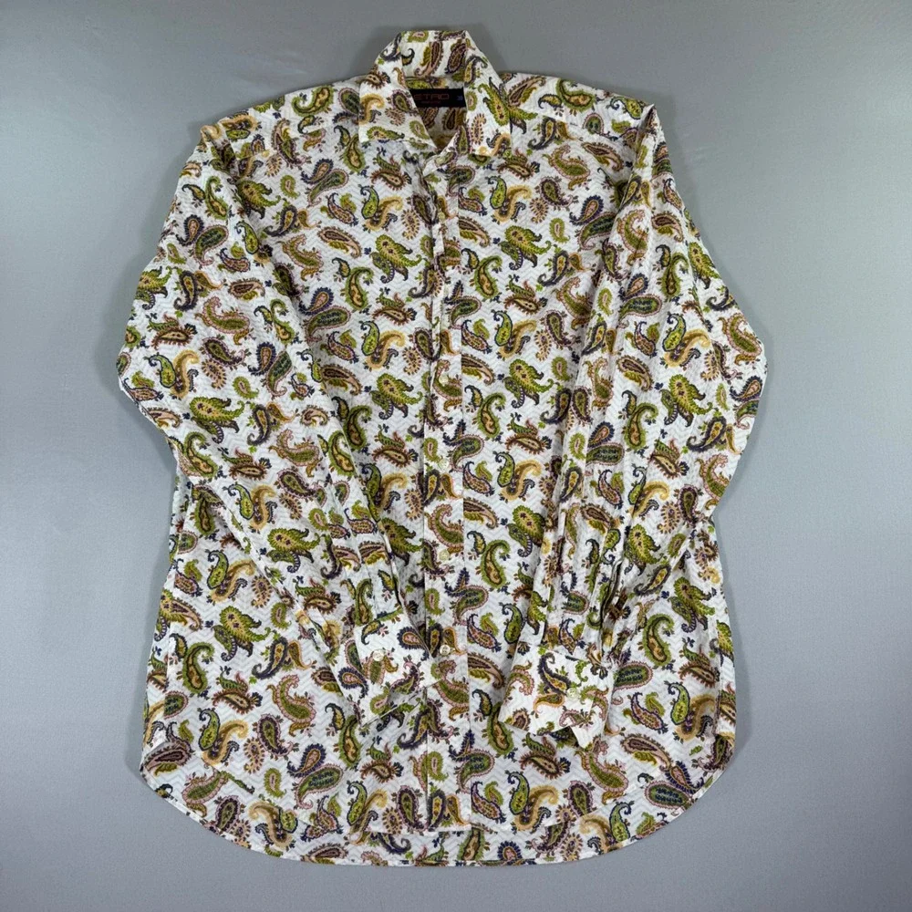 Etro Milano Mens Paisley Button Down Shirt Cotton Size 38 Luxury Resort Artsy